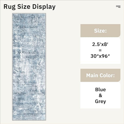 Washable Runner Rug, 2'6" x 8' Non-Slip Kitchen Vintage Foldable Hallway Runners for Entryway, Laundry, Bedroom, Blue