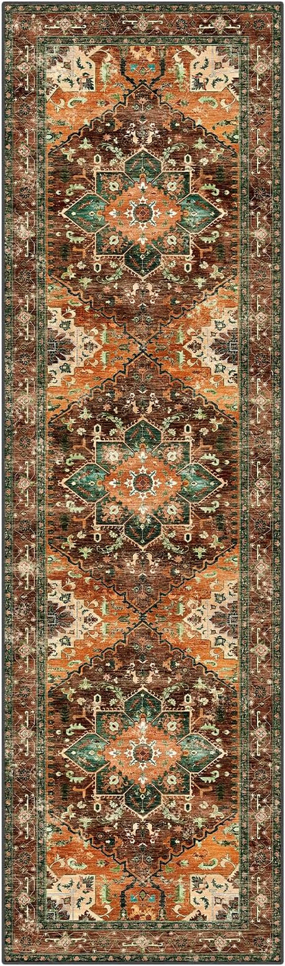 Yamaziot Washable Runner Rug, 3x10 Non-Slip Boho Vintage Hallway Rug with Rubber Backing, Low Pile Faux Wool Distressed Carpet Runner for Bedroom, Kitchen, Laundry, Entrance