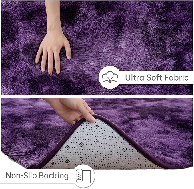Goideal Fluffy Runner Rug for Bedroom Living Room, 2x6 Purple Bedside Rugs, Faux Fur Shag Modern Carpet Ultra Soft Girls Boys Room Home Decor, Tie-Dyed
