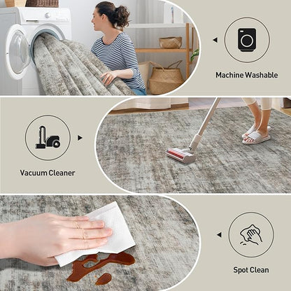 5x7 Area Rugs Washable Rug: Modern Abstract Living Room Rug Soft Anti-Skid Thin Carpet Indoor Floor Non-Shedding Carpets for Bedroom Dining Room Farmhouse Nursery Home Office Brown Black