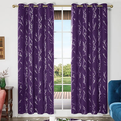 Deconovo Blackout Curtains for Bedroom, Purple Curtain, Thermal Insulated Soundproof Grommet Drapes, Silver Tree Print, 52 x 84 Inch, 2 Panels, Machine Washable Window Panel for Living Room Nursery