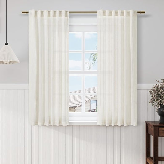 Nanspring Cream Cafe Curtains 54 Inch Length for Kid Bedroom Office Back Tab Pocket Semi Sheer Short Linen Cream Curtain Tiers for Small Bathroom Window Basement 42x54,2 Panel