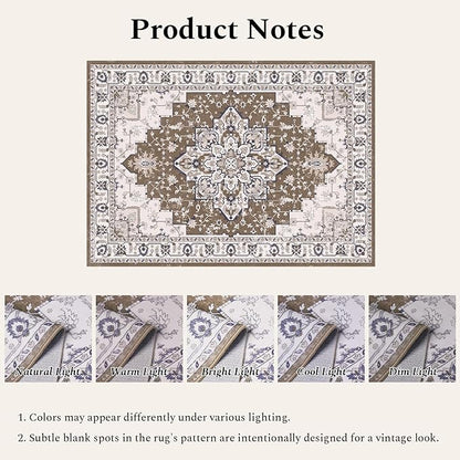 Rugflix 9x12 Area Rug for Living Room, Vintage Washable Area Rug Non Slip Backing Low Pile, Floral Soft Foldable Carpet for Bedroom Dining Room, Brown/Beige
