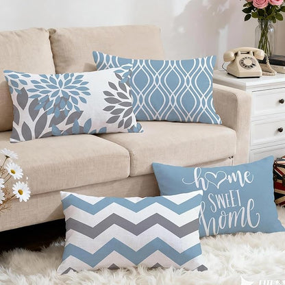Hexagram Geometric Aqua Blue Pillow Covers 12x20 Set of 4, Decorative Outdoor Boho Modern Throw Pillow Covers, Home Sweet Home Farmhouse Cushion Case for Couch Sofa Bedroom Indoor Decor(No Insert)