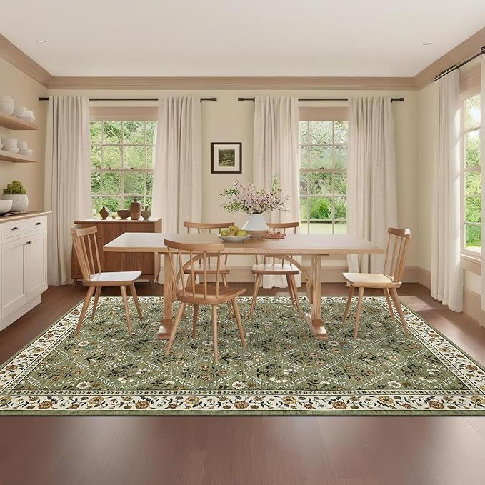 6x9 Machine Washable Area Rugs for Living Room Floral Stain Resistant Soft Carpet Vintage Low Pile Non Slip Non-Shedding Floor Carpet Rugs for Bedroom Nursery Green