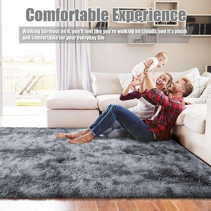 9x12 Fluffy Area Rugs for Living Room,Large Fuzzy Shag Area Rug for Bedroom,Soft Non-Shedding Indoor Plush Carpet for Kids Bedroom Nursery Home Decor,Tie-Dyed Black