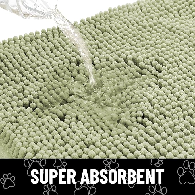 Smiry Dog Door Mat for Muddy Paws, Absorbent Dirt Trapper Non Slip Quick Dry Washable Chenille Mat for Mud Dogs, Entry Rug for Indoor and Outdoor (47x24 Inches, Sage Green and White)