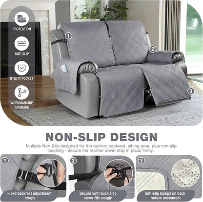 TAOCOCO 100% Waterproof Oversized Loveseat Recliner Cover, Non Slip Split Couch Covers for Reclining Loveseat with Elastic Straps for Kids Pets(Oversized 2 Seater, Gray)