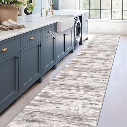 KOZYFLY Modern Abstract Washable Rug Runner 2.6x16 Hallway Rug Runner Non-Slip Soft Kitchen Runner Rugs, Grey/Light Beige/Brown Striped Carpet for Stair Entryway Bathroom