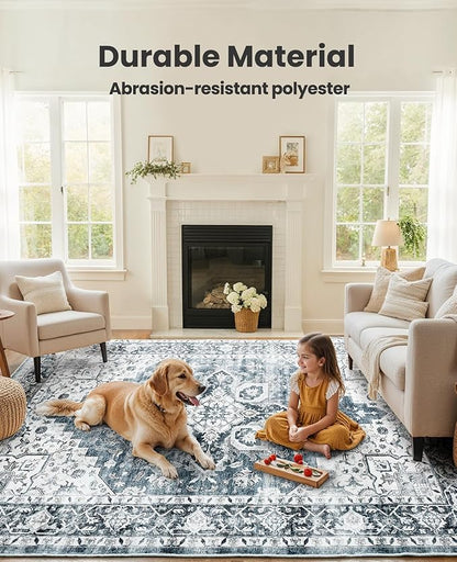 AMADA HOMEFURNISHING 9x12 Washable Area Rug, Low-Profile Large Area Rug with Non-Slip Backing & Durable Edge Binding, Vintage Large Rugs for Living Room, Bedroom & Dinning Room