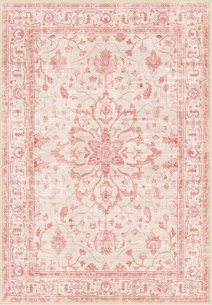 RELEANY Area Rugs 4'x6' Washable Non-Slip, Floral Vintage Distress Print Pattern Medallion Carpet for Living Room Bedroom Dining Room, Pink Light Vintage Pink