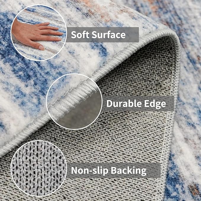 2x5 Washable Runner Rug for Family: Easy-to-Clean Runners for Hallway Entryway Bedroom - Stain and Water Resistant Rugs with Non-Slip Backing - Soft Low-Pile Carpet Navy Grey