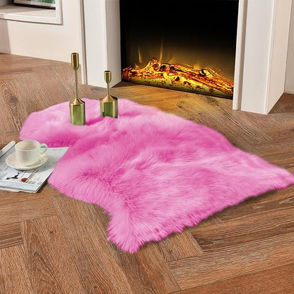 duduta Hot Pink Faux Sheepskin Throw Rug 2x3 ft, Fluffy Shag Rug for Bedroom Dorm Kids Room Fur Seat Chair Covers Non Slip
