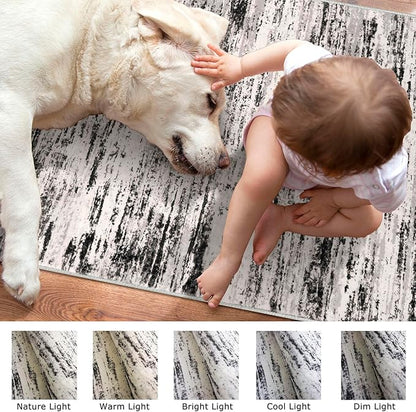 Lansny Modern Abstract Runner Rug 2x6, White Black Grey Taupe Washable Kitchen Runner Non-Slip Soft Hallway Rug Runner Thin Print Faux Wool Carpet for Entryway Bedroom Laundry Room Indoor Home Decor