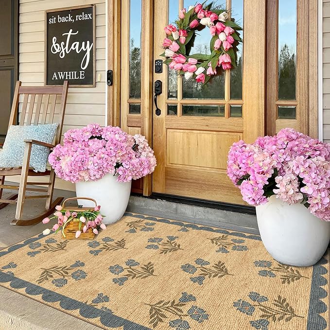 3x5 Floral Entry Rug - Small Washable Indoor Outdoor Mats for Front Door Non-Slip Jute-Look Porch Rug Boho Blue Scalloped Throw Rugs for Living Room Bedroom Entryway Kitchen Office Porch Decor