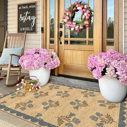 3x5 Floral Entry Rug - Small Washable Indoor Outdoor Mats for Front Door Non-Slip Jute-Look Porch Rug Boho Blue Scalloped Throw Rugs for Living Room Bedroom Entryway Kitchen Office Porch Decor