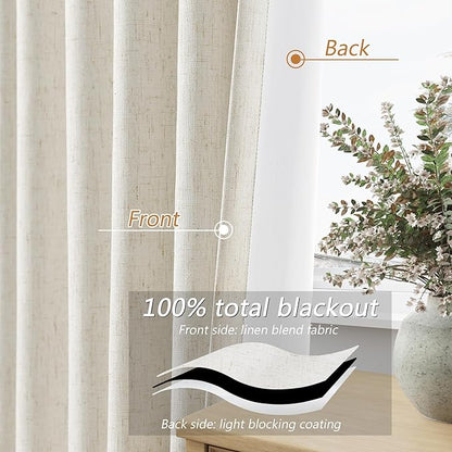 Cream 100% Blackout Linen Curtains 100 Inch Length 2 Panels Set for Living Room Bedroom Back Tab Thermal Insulated Black Out Drapes Room Darkening Farmhouse Style for Bedroom Window Curtains 52x100