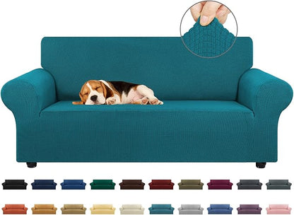 KEKUOU Stretch Loveseat Sofa Cover Slipcover,Couch Covers for 2 Cushion Couch Sofa (55"-78") Furniture Protector Sofa with Elastic Bottom for Kids,Dog. Jacquard Small Checked (Medium,Peacock Blue)