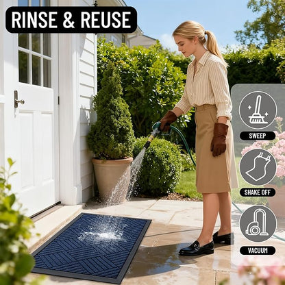 OLANLY Front Door Mat Outside Entrance 29.5x17, Absorbent, Heavy Duty Sturdy Natural Rubber Doormat Indoor Outdoor, Stain Fade Resistant, Non-Slip Low Profile Floor Mat for Entryway, Navy Blue Diamond
