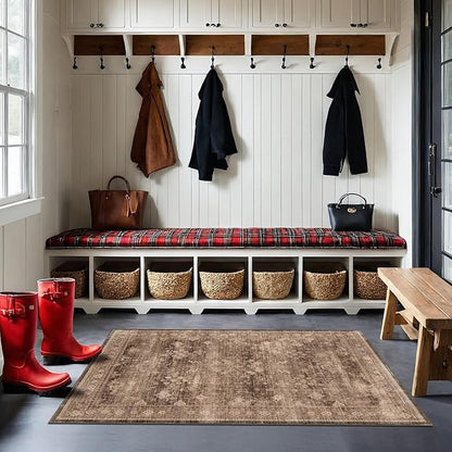 Boho Taupe Brown 3x5 Large Entryway Rug - Modern Vintage Traditional Eclectic Oriental Neutral, Washable Low Pile Non-Slip Area Rugs for Door Mat Indoor Entrance, Kitchen, Laundry