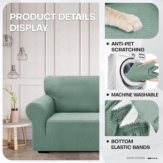ZNSAYOTX 1 Piece Jacquard Couch Covers for 2 Cushion Couch High Stretch Loveseat Slipcover for Pets Dogs Anti Slip Love Seat Sofa Slipcover Furniture Protector (Medium,New Pattern Pea Green)