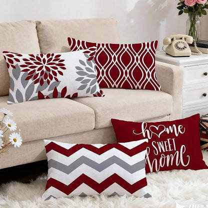 Hexagram Geometric Burgundy Pillow Covers 12x20 Set of 4, Decorative Outdoor Boho Modern Throw Pillow Covers, Home Sweet Home Farmhouse Cushion Case for Couch Sofa Bedroom Indoor Decor(No Insert)