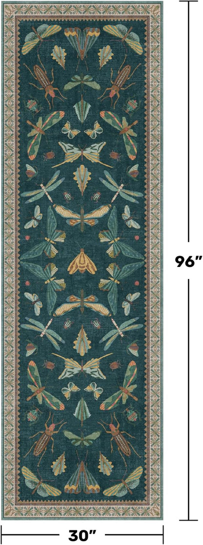 Hazo Haus Wide Runner Rug for Hallway 2'6"x8' - Green Runner Rug for Kitchen, Hall Way, Washable Foldable Boho Insect Deor