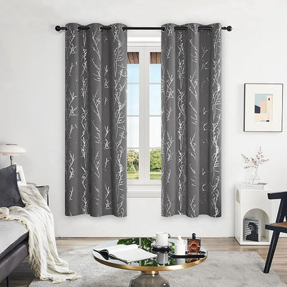 Deconovo Grey Blackout Curtains for Bedroom, Thermal Insulated Soundproof Drapes, Silver Branch Foil Print, 42 x 72 Inches Long, 2 Panels, Machine‑Washable Grommet Window Panel for Living Room Office