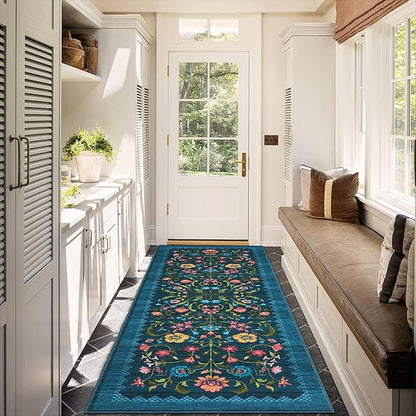 GarveeHome Floral Rug 2x6 Runners for Hallways, Boho Kitchen Runner Rugs Non Slip Bath Runners, Vintage Washable Runner Rug for Bedroom, Soft Long Rugs for Entryway Bathroom Laundry Dorm, Blue