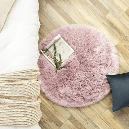 Ashler HOME DECO Soft Fox Faux Fur Chair Couch Cover Area Rug for Bedroom Floor Sofa Living Room Pink White 3 x 3 Feet Round