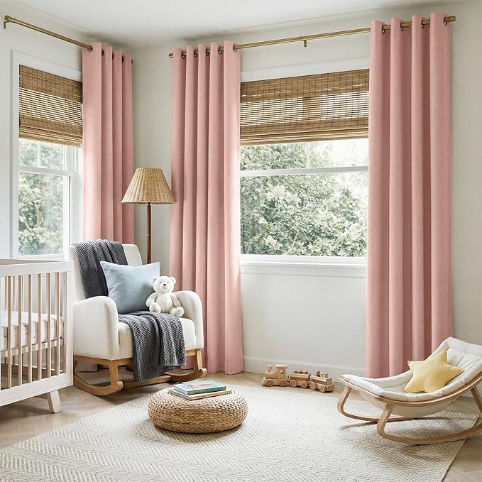 100% Blackout Shield Linen Blackout Curtains for Bedroom, Blush Pink Grommet Curtains for Living Room, Thermal Insulated Room Darkening Drapes for Nursery, Boho Home Decor, 50" W x 108" L, 2 Panels