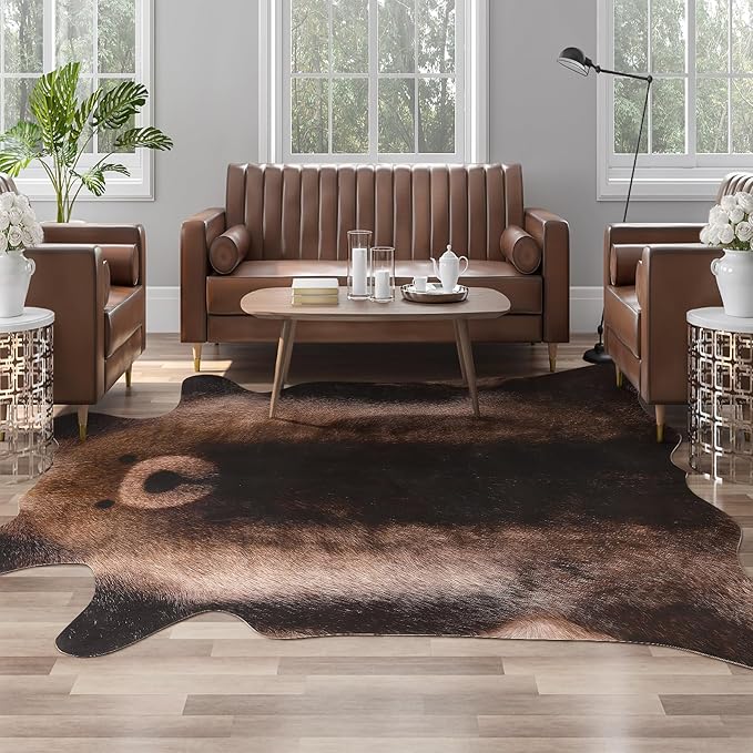 AROGAN Premium Bear Print Rug 5.2x6.2 Feet, Machine Washable Faux Fur Rug, Non-Slip Animal Print Hide Bear Skin Area Rug for Bedroom Living Room Home Decor