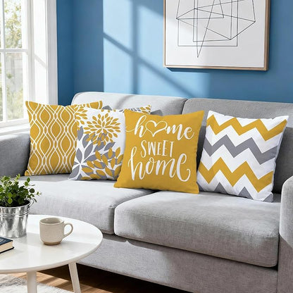 Hexagram Geometric Yellow Pillow Covers 16x16 Set of 4, Decorative Outdoor Boho Modern Throw Pillow Covers, Home Sweet Home Farmhouse Cushion Case for Couch Sofa Bedroom Indoor Decor(No Insert)