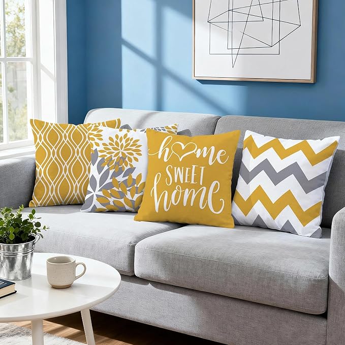 Hexagram Geometric Yellow Pillow Covers 20x20 Set of 4, Decorative Outdoor Boho Modern Throw Pillow Covers, Home Sweet Home Farmhouse Cushion Case for Couch Sofa Bedroom Indoor Decor(No Insert)