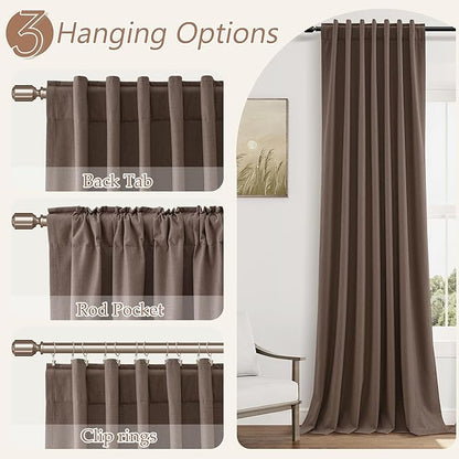 Guken Mocha Mousse 100% Blackout Linen Curtains 96 Inch Length 2 Panels Set for Living Room Bedroom Back Tab/Rod Pocket Thermal Insulated Farmhouse Black Out Drapes Room Darkening,52x96