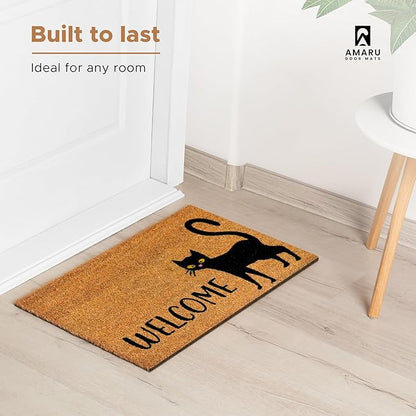 Black Cat - 17"x29" - Coir Door Mat with Heavy Duty Backing - Welcome Mats for Entryway, Porch - Anti-Slip PVC & Coconut Fiber Surface - Natural Home Accessories, Minimalist Original Design