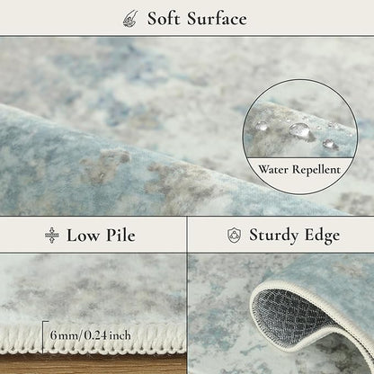 Area Rugs 5x7 for Living Room Bedroom, Modern Abstract Machine Washable Rug, Large Soft Low Pile Floor Carpet with Non Slip Backing for Dining Room, Light Cream Blue