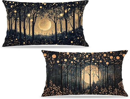 Rustic William Morris Inspired Gold Moon Pillow Covers 12x20 Set of 2,Vintage Black and Gold Moon Forest Botanical Nature Landscape Decorative Throw Pillow Covers for Home Bedroom Living Room