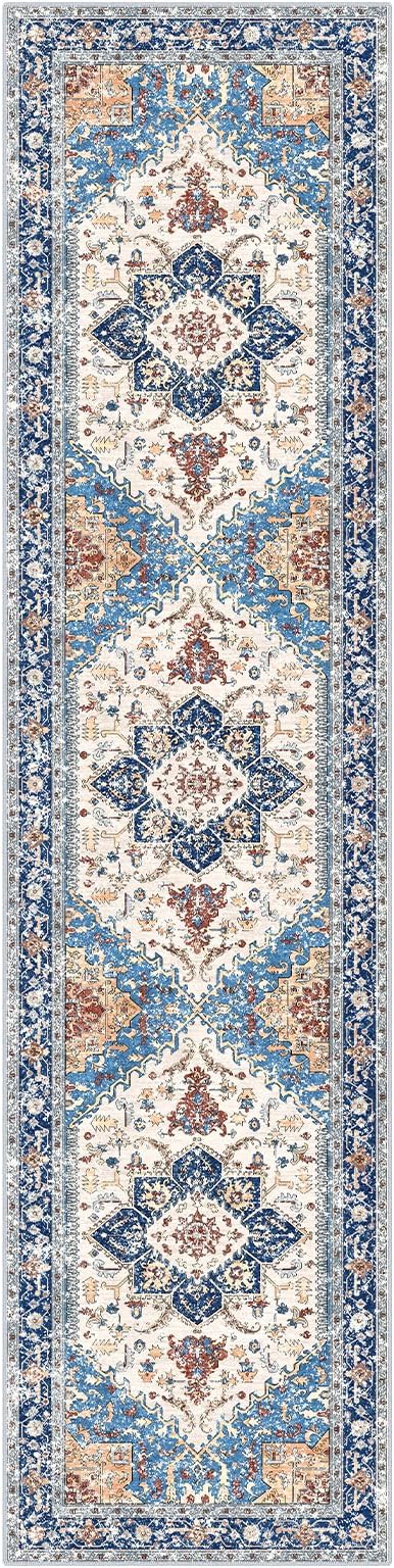 Yamaziot Washable Runner Rug, 2x8 Non-Slip Boho Vintage Hallway Rug with Rubber Backing, Low Pile Faux Wool Distressed Carpet Runner for Bedroom, Kitchen, Laundry, Entrance