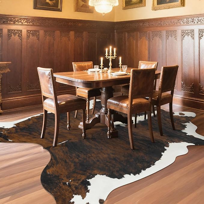 AROGAN Western Decor Faux Fur Cowhide Rug, 6.2x7 Feet Premium Animal Skin Cow Hide Rug, Sturdy Cow Print Rugs for Wall Decor, Western Floor Carpet for Bedroom Living Room, Black and Brown