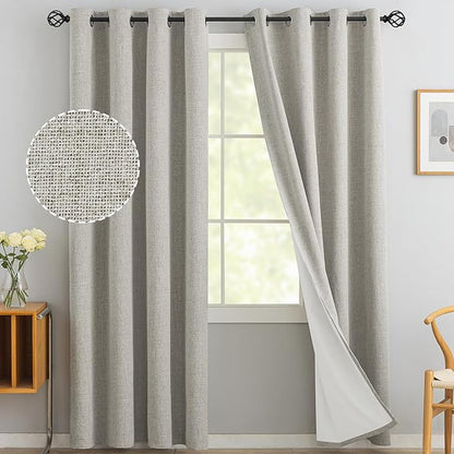 Yakamok Oatmeal Linen Curtains 100% Blackout 90 Inches Long,Room Darkening Textured Curtains for Living Room Thermal Grommet Bedroom Curtains 2 Panels with White Liner