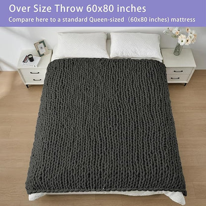 Bigacogo Chunky Knit Throw Blanket for Couch, 60x80 inches, 100% Hand Knitted with Thick Jumbo Chenille Yarn, Cozy Soft Large Rope Knot Cable Crochet Blankets for Sofa Bed Living Room, Dark Grey