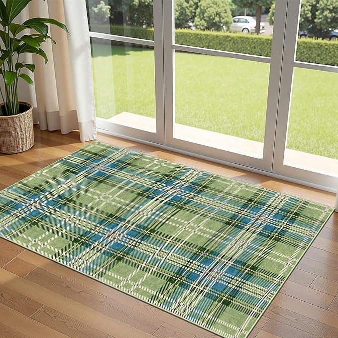 3x5 Buffalo Entry Rug - Small Washable Indoor Outdoor Mats for Front Door Non-Slip Porch Rug Green Teal Plaid Tartan Throw Rugs for Living Room Bedroom Entryway Kitchen Office Porch Decor