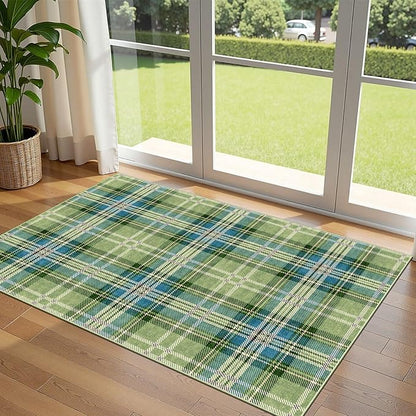 3x5 Buffalo Entry Rug - Small Washable Indoor Outdoor Mats for Front Door Non-Slip Porch Rug Green Teal Plaid Tartan Throw Rugs for Living Room Bedroom Entryway Kitchen Office Porch Decor