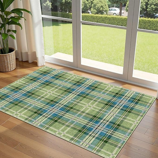 3x5 Buffalo Entry Rug - Small Washable Indoor Outdoor Mats for Front Door Non-Slip Porch Rug Green Teal Plaid Tartan Throw Rugs for Living Room Bedroom Entryway Kitchen Office Porch Decor
