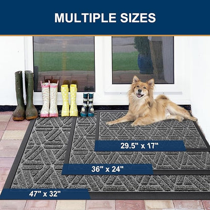 Smiry Front Door Mat Outside Entrance, Heavy Duty Sturdy Natural Rubber Doormat, Trap Dirt and Moisture, Easy Clean Low Profile Mats for Indoor Outdoor Entry, Grid Geometric (35x23, Silver Grey)