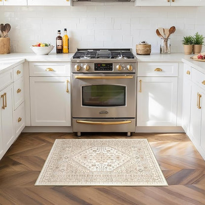Entryway Rug - 2x3 Washable Rug Runner for Bathroom, Laundry Room, Kitchen, Soft Vintage Hallway Runner for Bedroom, Non-Slip Door Mat Indoor Entrance(Cream/Beige,2'x3')