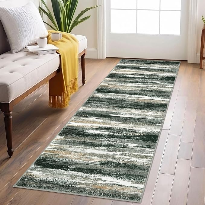 Lansny Modern Abstract Runner Rug 2x6, Forest Green Washable Kitchen Runner Non-Slip Soft Hallway Rug Runner Thin Print Faux Wool Carpet for Entryway Bedroom Laundry Room Indoor Home Decor
