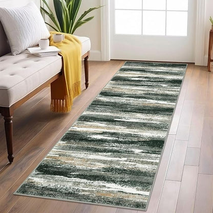 Lansny Modern Abstract Runner Rug 2x6, Forest Green Washable Kitchen Runner Non-Slip Soft Hallway Rug Runner Thin Print Faux Wool Carpet for Entryway Bedroom Laundry Room Indoor Home Decor
