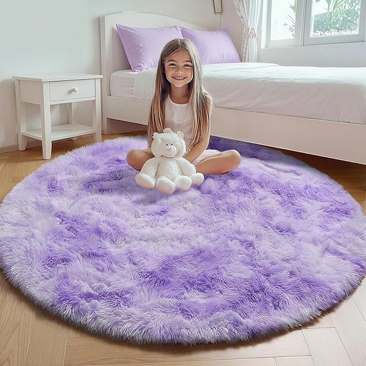 ONASAR Tie-Dyed Purple Round Area Rug 4ft, Soft Bedroom Circle Rugs Floor Mats for Kids Girls Teen Room, Kawaii Fluffy Plush Shaggy Carpet for Baby Nursery Living Room Playroom Home Decor